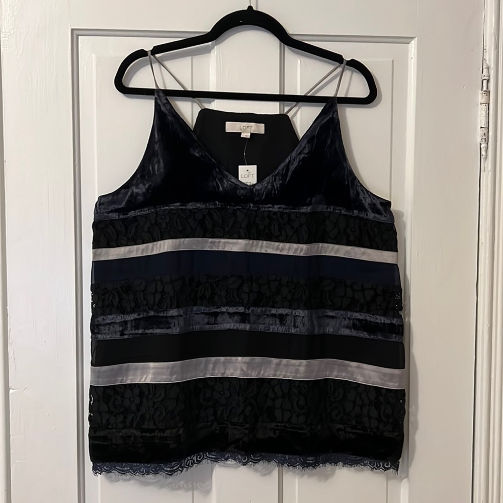 LOFT Black, Blue and Silver Velvet & Lace Sleeveless Top